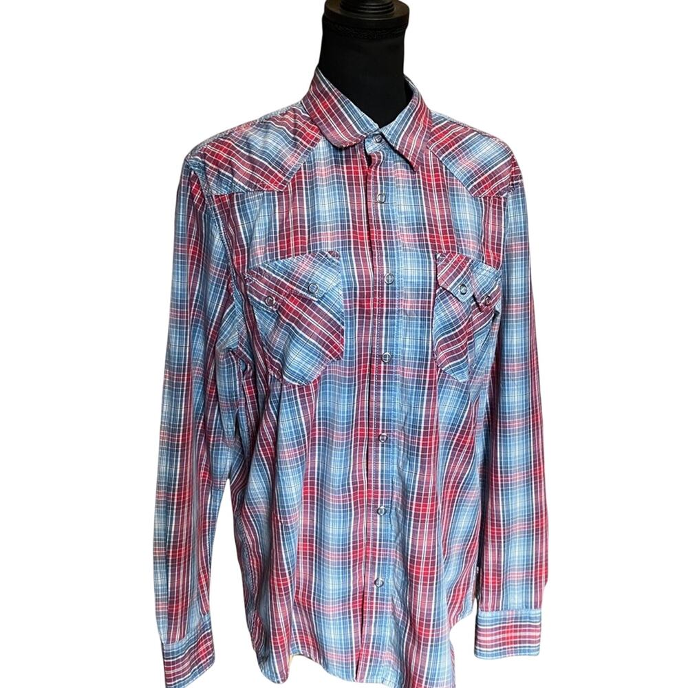 American Rag Western Style Pearl Snap long Sleeve Shirt (M) Red White & Blue